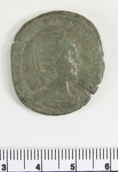 Hearst Museum object 2 of 8 titled Coin: æ sestertius, accession number 8-6166, described as Coin: Sestertius; Æ; Otacilia - 15.59 grams. Obverse: MARCIA OTACIL SEVERA AVG - Bust facing right, draped, diademed. Reverse: [P]VDICITIA, SC in exergue - Pudicitia veiled, seated facing left with right hand drawing veil, scepter in left hand.