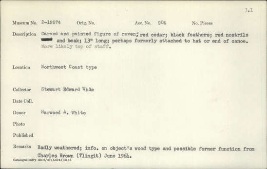 Documentation associated with Hearst Museum object titled Staff head, accession number 2-19574, described as Carved and painted figure of raven. Red cedar; black feathers; red nostrils and beak. Badly weathered. Info on objects's wood and type and from Charles Brown, June 1964.