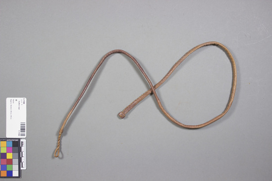 Hearst Museum object titled Leather rope, accession number 5-11588, described as Guru - medicine belt, Nigeria, Hausa att. July 27, 1972. 5-11588, acc no. 2879, file code 3.1 Collector: T.D. Lanagan. Donor: W.H. Lawson. Materials, techniques: leather strip dyed red, edges sewn together; loop at one end Context of use: worn around waist by native doctor; pouches of medicines hung upon it Description: medicine belt; red leather strip is turned over on itself, sewn together for thickness; loop at one end to attach ends together; 92 cm. l.;