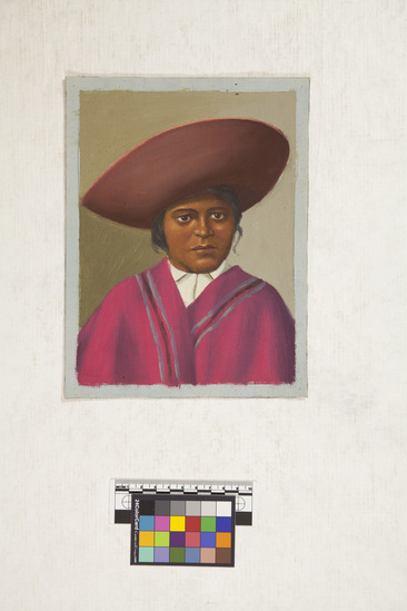 Hearst Museum object titled Painting, accession number 17-488, described as Oil on canvas. Portrait of a man (Otovalo Indian), large hat.