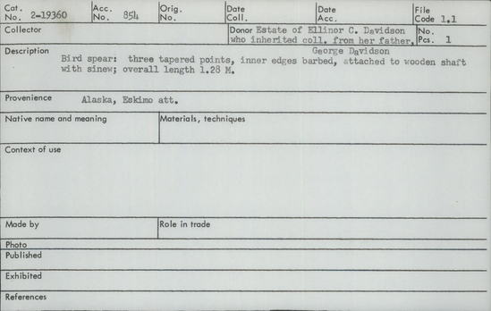 Documentation associated with Hearst Museum object titled Spear, accession number 2-19360, described as Three tapered points, inner edges barbed, attached to wooden shaft with sinew.