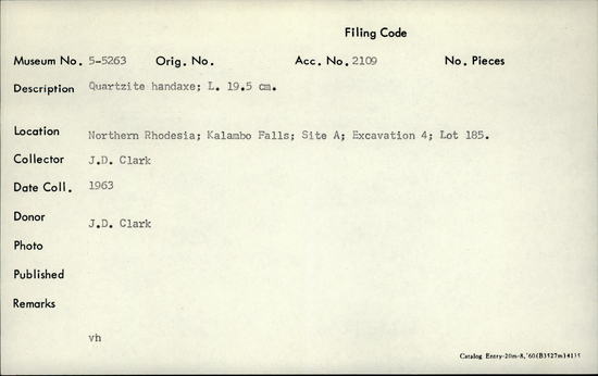 Documentation associated with Hearst Museum object titled Handaxe, accession number 5-5263, described as Quartzite handaxe