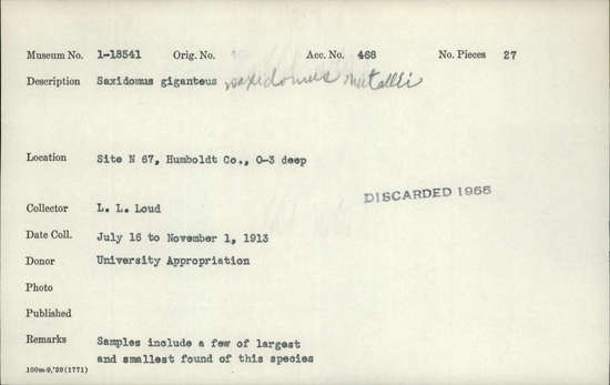 Documentation associated with Hearst Museum object titled Shell sample, accession number 1-18541, described as Saxidomus giganteus, Saxidomus nuttalli. Samples include a few of largest and smallest found of this species.