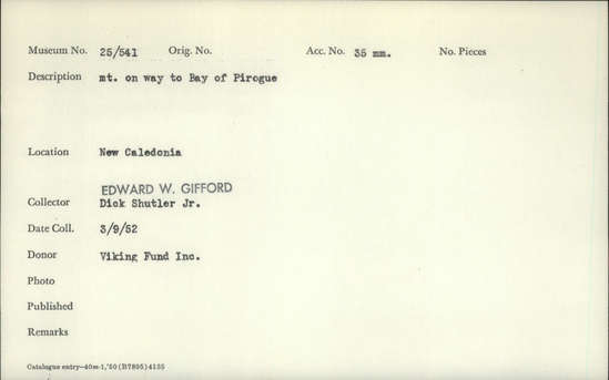 Documentation associated with Hearst Museum object titled Color slide, accession number 25-541, described as mt. on way to Bay of Pirogue