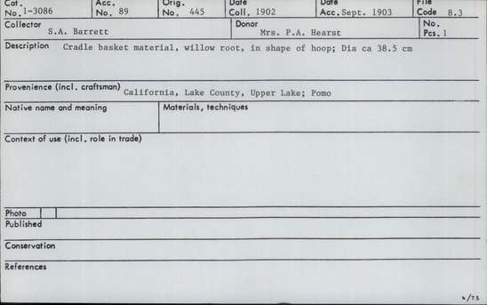 Documentation associated with Hearst Museum object titled Willow, accession number 1-3086, described as Willow for making hoop of cradle