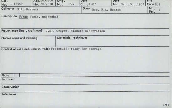 Documentation associated with Hearst Museum object titled Wokas, accession number 1-12549, described as Unparched.