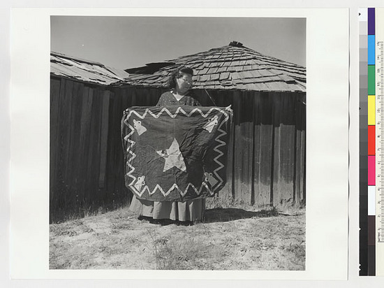 Hearst Museum object titled Black-and-white negative, accession number 15-20208, described as Essie Parrish with costume no. 18; regalia for Maru