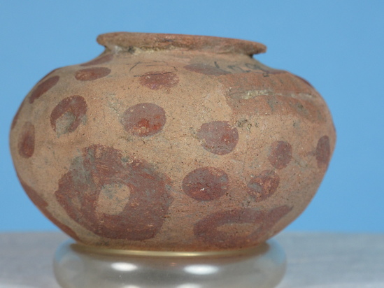 Hearst Museum object 24 of 52 titled Incomplete jar, accession number 6-5429, described as Pottery jar; small pinkish squat red dots, ear handles broken off- broken