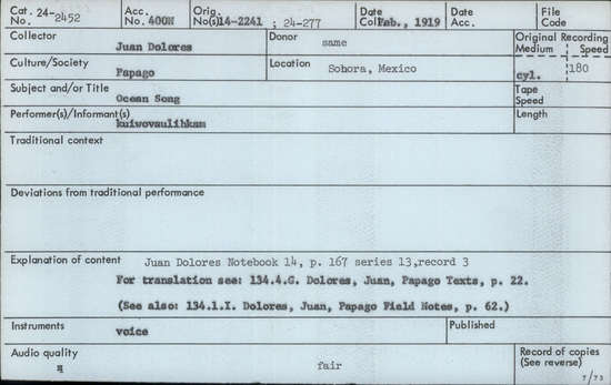 Documentation associated with Hearst Museum object titled Audio recording, accession number 24-2452, described as Ocean Song Notebook 14, p.167 Series 13, Record 3