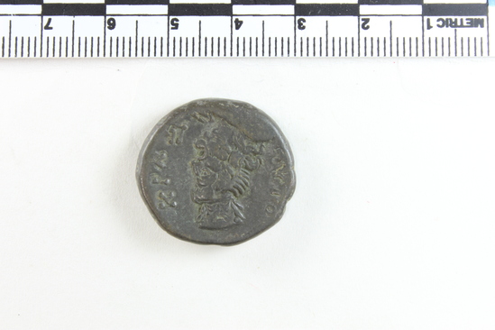 Hearst Museum object 3 of 6 titled Coin: billon tetradrachm, accession number 6-22599, described as obverse: head of Nero, right, radiate reverse: bust of Sarapais, right