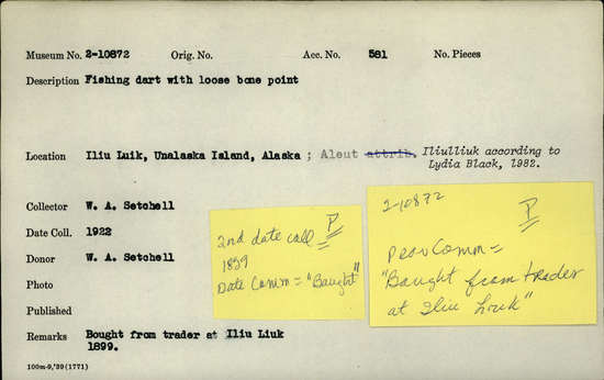 Documentation associated with Hearst Museum object titled Dart, accession number 2-10872a-c, described as With loose bone point.