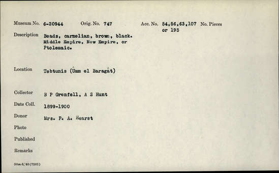 Documentation associated with Hearst Museum object titled Beads, accession number 6-20944, described as beads, carnelian, brown, black. Middle Empire, New Empire, or Ptolemaic