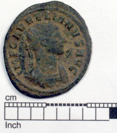 Hearst Museum object 1 of 8 titled Coin: billon antoninianus, accession number 8-6012, described as Coin: Antoninianus; AR [?], Æ; Aurelianus - 3.03 grams. Obverse: IMP C AVRELIANVS AVG - Bust facing right radiate, cuirassed. Reverse: CONCORDIA MILITVM -  Emperor and Concordia clasping hands, [untranscribable symbols].