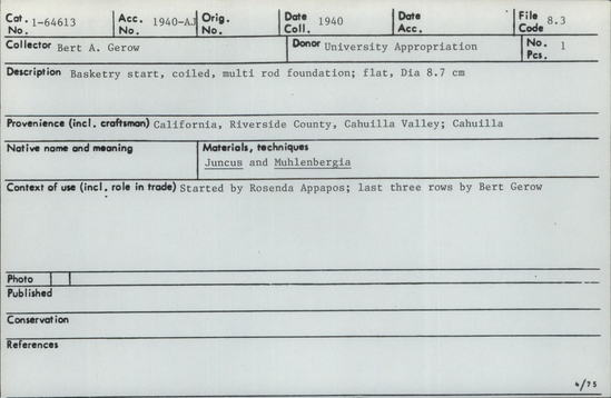 Documentation associated with Hearst Museum object titled Basket start, accession number 1-64613, described as Coiled. Made of Juncus and Muhlenbergia.