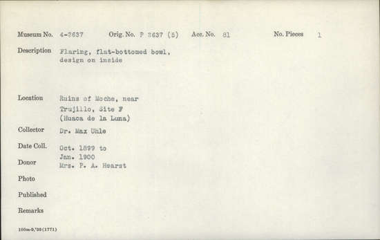 Documentation associated with Hearst Museum object titled Bowl, accession number 4-2637, described as Flaring, flat-bottomed bowl, design on inside.