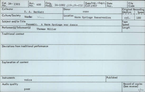 Documentation associated with Hearst Museum object titled Audio recording, accession number 24-1503, described as Warm Springs War Dance (Paxamit) Song