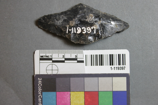 Hearst Museum object titled Projectile point, accession number 1-119397, described as Obsidian projectile point.