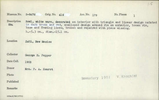 Documentation associated with Hearst Museum object titled Bowl, accession number 2-8476, described as Bowl. White ware, decorated on interior with triangle and linear design painted in dark brown and red, scalloped design around rim on exterior, brown rim, base and framing lines, broken and repaired with piece missing. Height 5.3 cm.; diameter 15.1 cm.