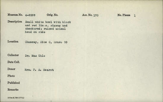 Documentation associated with Hearst Museum object titled Bowl: re, accession number 4-6599, no description available.