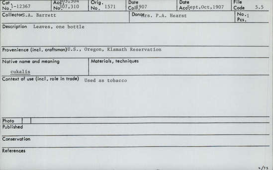 Documentation associated with Hearst Museum object titled Tobacco, accession number 1-12367, described as (cukalis).