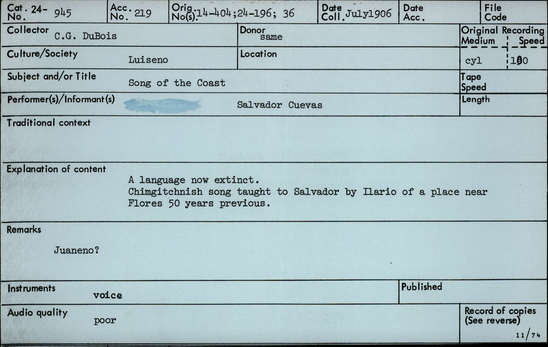 Documentation associated with Hearst Museum object titled Audio recording, accession number 24-945, described as Chungichnish Song