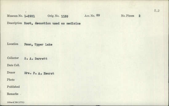Documentation associated with Hearst Museum object titled Root, accession number 1-2931, described as Specimen, ethnobotanical, root ( 2 bottles)