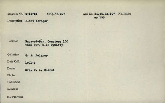 Documentation associated with Hearst Museum object titled Scraper, accession number 6-12753, described as Flint scraper