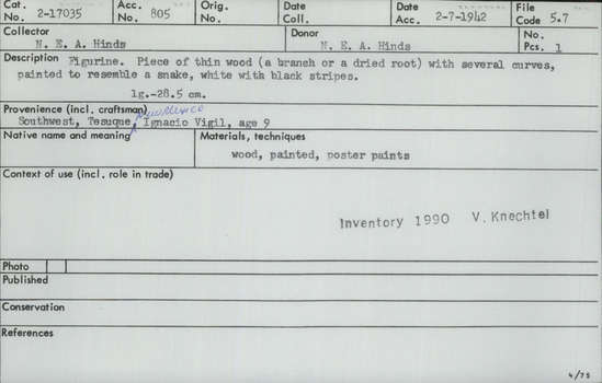Documentation associated with Hearst Museum object titled Figurine, accession number 2-17035, described as Piece of thin wood (a branch or a dried root) with several curves, painted to resemble a snake. White with black stripes. Poster paints.