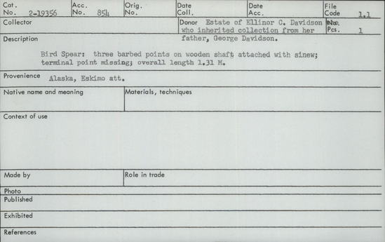 Documentation associated with Hearst Museum object titled Spear, accession number 2-19356, described as Three barbed points on wooden shaft, attached with sinew, terminal point missing.