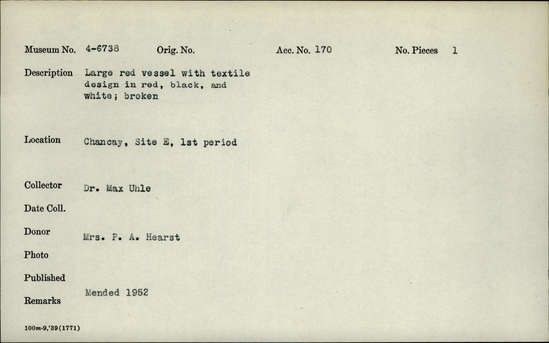 Documentation associated with Hearst Museum object titled Broken vessel, accession number 4-6738, no description available.