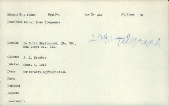 Documentation associated with Hearst Museum object titled Faunal remains, accession number 1-17066, described as Animal bone fragments.