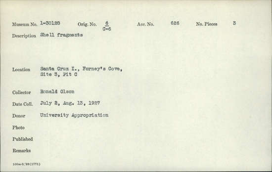 Documentation associated with Hearst Museum object titled Shell fragments, accession number 1-30128, described as Shell fragments Notice: Image restricted due to its potentially sensitive nature. Contact Museum to request access.