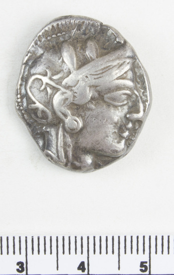 Hearst Museum object 2 of 10 titled Coin: tetradrachm, accession number 8-5299, described as Coin; AR; Tetradrachm; Greek. 500-430 BC. Athens, Greece. Obverse: bust of Athena r. laureate. Reverse: ΑθΕ, Owl; to left, olive branch.