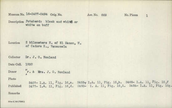 Documentation associated with Hearst Museum object titled Potsherd, accession number 16-3460, described as Potsherd; black and white or white on buff