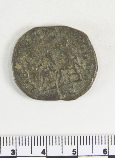 Hearst Museum object 7 of 8 titled Coin: æ sestertius, accession number 8-6355, described as Coin: Sestertius; Æ; Philip I (?) - 15.02 grms. Obverse: IMP MI ... AVG - Bust facing right laureate, draped. Reverse: LIBERTA[LITAS A]VGG - III, SC in exergue - Philip I and II seated facing left on curule chairs, each holding scepter and abacus.