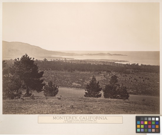 Hearst Museum object 2 of 2 titled Albumen print, accession number 13-1306c, described as Mounted photograph: Monterey, California; Ocean View of Point Lobos and Carmel Bay. No.45 New Series