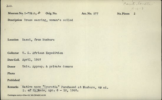 Documentation associated with Hearst Museum object titled Earrings, accession number 5-784a,b, described as Earring: Brass: woman’s coiled