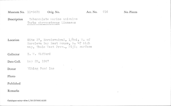 Documentation associated with Hearst Museum object titled Shell: univalve, accession number 11-5420, described as univalve