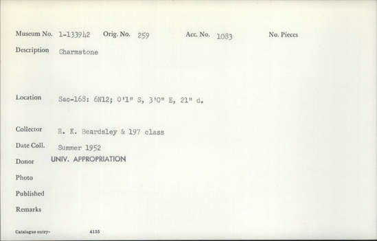 Documentation associated with Hearst Museum object titled Charmstone, accession number 1-133942, described as Charmstone.