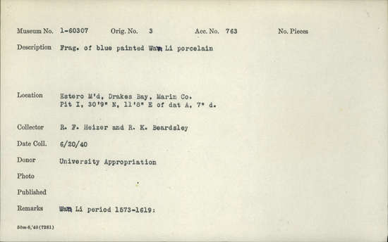 Documentation associated with Hearst Museum object titled Porcelain fragment, accession number 1-60307, described as fragment of blue painted Wan Li porcelain Notice: Image restricted due to its potentially sensitive nature. Contact Museum to request access.