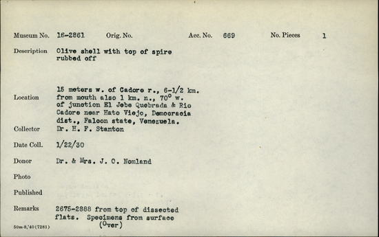 Documentation associated with Hearst Museum object titled Bead, accession number 16-2861, described as Olive shell; top of spire rubber off