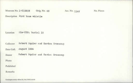 Documentation associated with Hearst Museum object titled Whistle, accession number 1-215608, described as Bird bone.