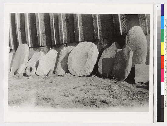 Hearst Museum object titled Black-and-white negative, accession number 15-10546, described as Metates, surface finds, of Shirley Andress collection