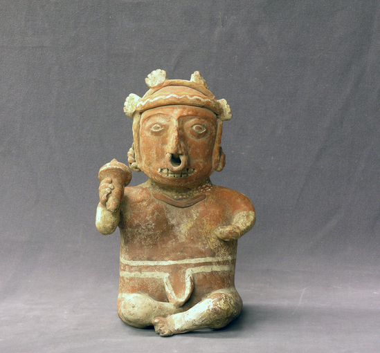 Hearst Museum object titled Figurine, accession number 3-3608, described as Red pottery effigy of seated man with gourd rattle