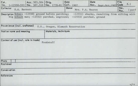 Documentation associated with Hearst Museum object titled Wokas, accession number 1-12550, described as Ground.