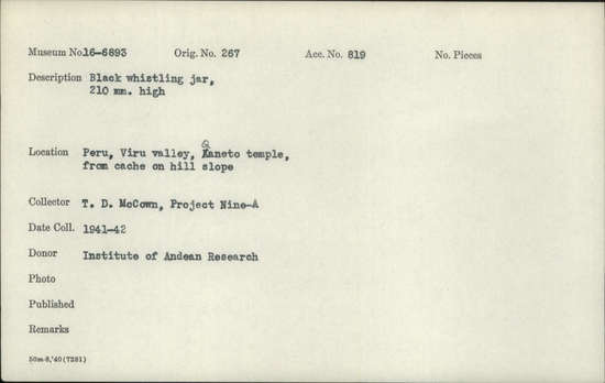 Documentation associated with Hearst Museum object titled Whistling jar, accession number 16-6893, described as jar, whistling, black