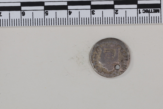 Hearst Museum object 6 of 8 titled Coin: æ denarius, accession number 8-5926, described as Coin: Denarius; (AR?) Æ; Titus - 2.64 grams. Rome, 80 AD. Obverse:  CAESAR DIVI F DOMITIANVS COS VII (line over VII) - Domitian head laureate, facing right. Reverse: PRINCEPS IVVENTVTIS - lighted altar.