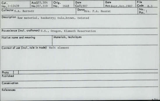 Documentation associated with Hearst Museum object titled Tule, accession number 1-12439, described as Twisted, brown tule.