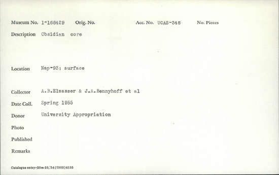 Documentation associated with Hearst Museum object titled Core, accession number 1-168429, described as Obsidian.