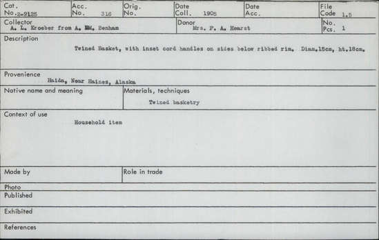 Documentation associated with Hearst Museum object titled Basket, accession number 2-9125, described as Twined, with inset cord handles on sides below ribbed rim.
